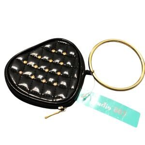 Black Zippered Bangle Wristlet Faux Leather Gold Studs Club Festival Mini Purse